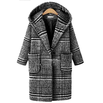 Jesenné a zimné nové žien Európe a Amerike veľká veľkosť voľné dlhej časti kapucňou tartan kabát, kabát módne oblečenie pre ženy