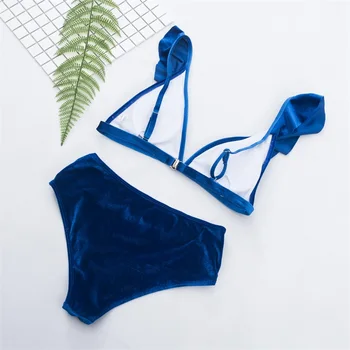 Pevné Velvet Bikini Set Push Up Plavky, Letné Kúpanie Oblek Vysoký Pás Agaric Prehrabať Ramenný Biquini Pláž Nosiť Žena