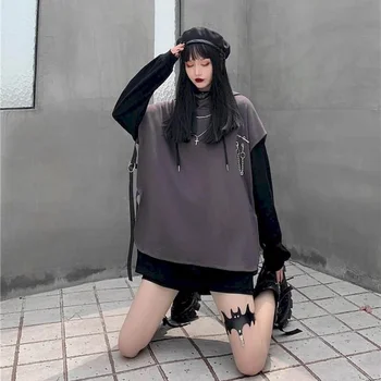 Mikiny dámske bez rukávov s kapucňou 2020 jeseň nový kórejský verzia iny retro osobnosti tmavé funkcia štýl mikina
