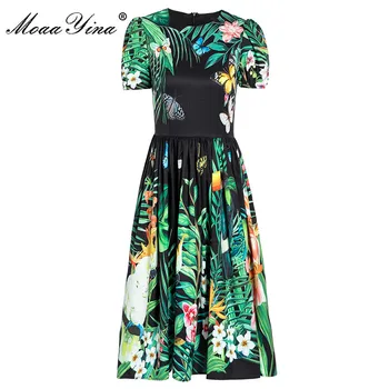 MoaaYina Módny Návrhár šaty Letné dámske Šaty s Krátkym Rukávom Jungle Tlač Elegantné Šaty