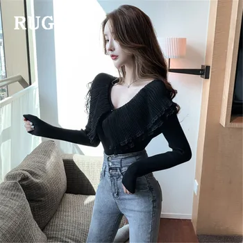 RUGOD tvaru Topy Ženy Oka Lotus Golier Pevné Elegantný Top Ladies kórejské Oblečenie, Tričko s Dlhým Rukávom Ženy 2019 Slim Fit