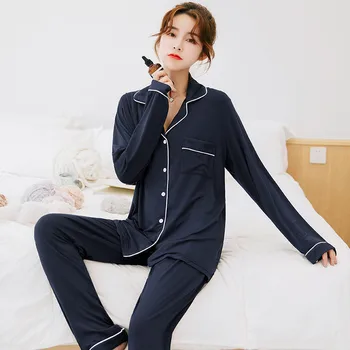 Dámske modálne pyžamo nastaviť pár sleepwear 2019 jar leto plus veľkosť odev nohavice 2 ks domácnosti vyhovovali dark navy