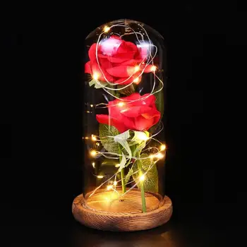 Red Rose V Banková Kvet V Sklenenou Kupolou Na Drevenej Základni LED Noc Pre Valentines Day Darček pre Dievčatá, Narodeniny, Svadobné Dekorácie