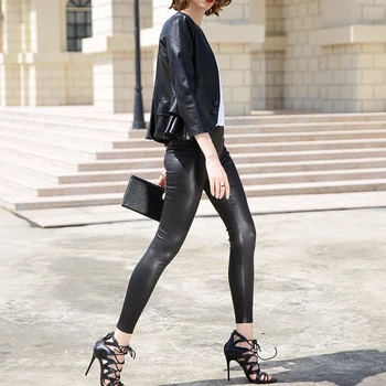 Kvalitné Luxusné Dámske Čierne Úzke Nohavice Módne Tvárny Originálne Kožené Nohavice Žena Streetwear Slim Fit Ceruzkou Nohavice