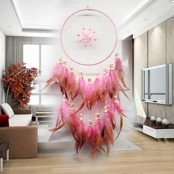 Rose Dream Catcher Nástenné Závesné Dekorácie Pierko Ornament Tradičnom Štýle Dreamcatcher Veľké, Bielo-Ružová Farba