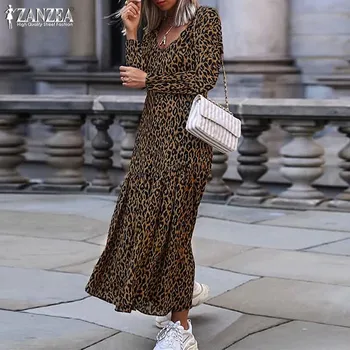 Plus Veľkosť Leopard Tlač Šaty ZANZEA 2021 Jeseň Žien Prehrabať Maxi Šaty Módne Sexy V Krku Vestidos Žena Bežné Župan 5XL