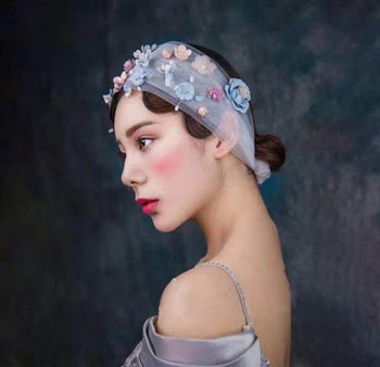 Vidieka Svadobné Svadobné Turban Hlavový Most Čipky Crystal Pearl Flower Headdress Pre Ženy Nevestu Dlho Čelo Vlasy Príslušenstvo Šperky
