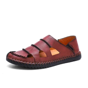 Vonkajšie roman gumené sandále pre mužov, kožené originálne duté topánky muž 2019 lete ručné priedušná pláži mens vychádzkové pohodlie