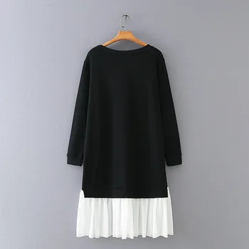 Nové dámske jesenné zimné plus veľkosť midi šaty pre ženy, veľký, dlhý rukáv voľné bavlna čiernej tlače skladaný šaty 3XL 4XL 5XL