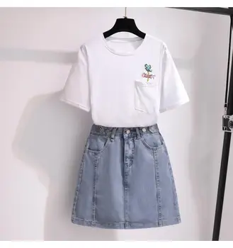ICHOIX mini sukne nastaviť kórejský štýl ženy 2 dielna sada dievča študent bežné Sladké 2 kus oblečenia t-shirt + jean sukne set 2ks