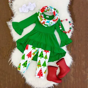 Chlapec Dievča oblečenie Sady zelená Dlhý Rukáv Topy vianočný stromček, nohavice s náprsenkou vyhovuje dieťa oblečenie
