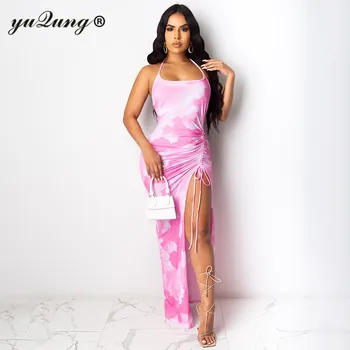 Yuqung ruched ženy maxi šaty bodycon sexy bez rukávov elegantné party backless streetwear 2020 jeseň vysokej štrbinou klub dlhé šaty