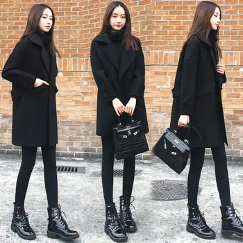 Vysoko Kvalitné Módne Jar Jeseň Ženy, Pracovné oblečenie Čierna Bunda kórejský Voľné Slim Vlnené Kabát Žien Čierny Plášť Ženy