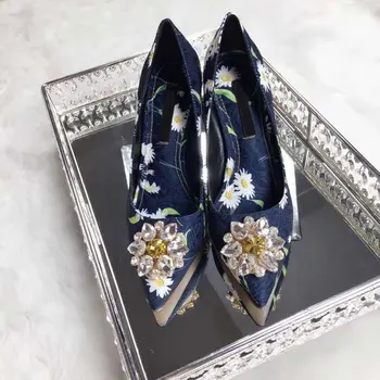 VIISENANTIN lady letné kvetina tlače šaty topánky retro pošmyknúť na namieril prst crystal gem dekor vysokým podpätkom strany svadobné topánky