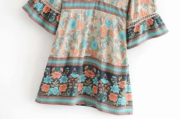 Boho Queens ženy fialová kvetinový tlač hlboké V-neck České mini šaty Letné vzplanutie rukáv hippie šaty vestidos