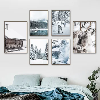 Sneh Na Horských Lesov Sobov Lake House Wall Art Plátno Na Maľovanie Nordic Plagáty A Potlačou Obrazov Na Stenu Pre Obývacia Izba Dekor
