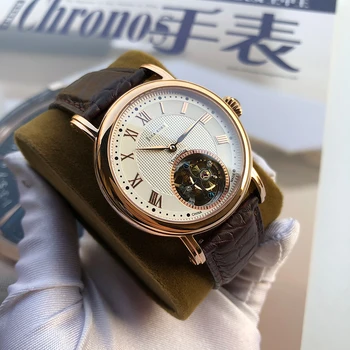 Skutočné Tourbillon Mužov Sledovať Seakors seagull pohyb ST8000 muži mechanické hodinky Rose gold náramkové hodinky Kože
