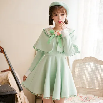 Princezná sladké lolita zelená cotten šaty Candy dážď Kvetinový ornament A-line Falošný dva kusy Výšivky Japonský dizajn C16CD6179