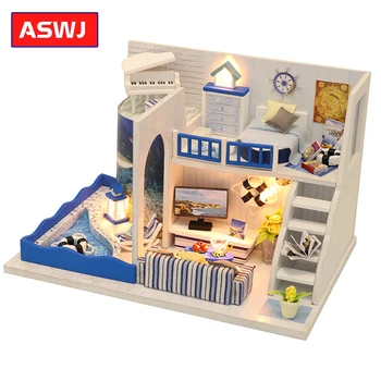 Miniatúrne Roombox DIY domček pre bábiky S Furnitures Drevený Dom Zvuk Mora Mini Dom Hračky Pre Deti Narodeninám
