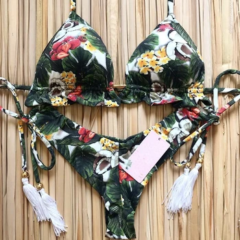 2019 Sexy Plavky S Uväzovaním Za Ženy Remeň Micro Bikini String Čalúnená Plavky Brazílske Bikini Obväz Tropických Rastlín Tlač Plavky