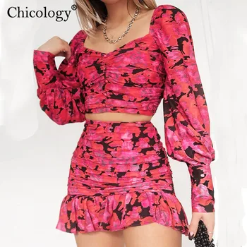 Chicology 2019 elegantný kvetinový ruched 2 kus dvoch súbor žien lístkového dlhý rukáv plodín top vysoký pás mini sukne jeseň zimné oblečenie
