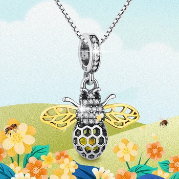 ELESHE Autentické 925 Sterling Silver Gold Color Honey Bee Visieť Charms Fit Pôvodné Korálky, Náramky, Náhrdelníky DIY Šperky