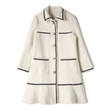 Tweed bunda v dlhodobej časti jeseň / zima dámske vlnené kabát nové dámy' rozstrapatené ladies bunda kabát