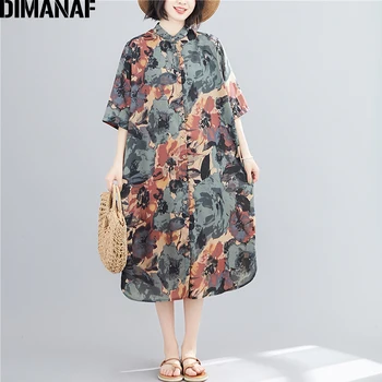 DIMANAF Plus Veľkosť Ženy Tričko Šaty Letné Sundress Ročník Tlače Elegantná Dáma Vestidos Voľné Bežné Tlačidlo Cardigan Oblečenie