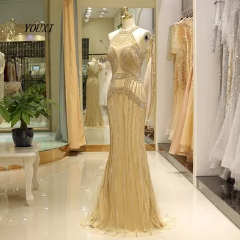 YOUXI Nádherná Morská víla Večerné Šaty 2020 Gold Crystal Lištovanie Abendhttpder Lang Formálne Šaty