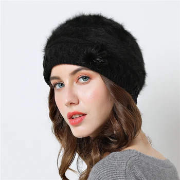 2018 Nové Elegantné dámske Pletené klobúk zimné klobúk pre dievčatá Spp Luk Jeseň Dámy Ženskej Módy Beret Králik vlasy
