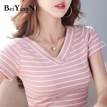 Beiyingni Pletené T-shirt Ženského tvaru Lete Roku 2020 Krátke Rukáv Tričko Ženy Vintage Plus Veľkosť Pruhované Tričko Topy Žena Oblečenie