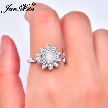 JUNXIN Elegantná Slnečnica Biela Fire Opal Prstene Pre Ženy, Strieborná Farba Daisy Krúžok S Zirkón Rainbow Svadobné Kapely