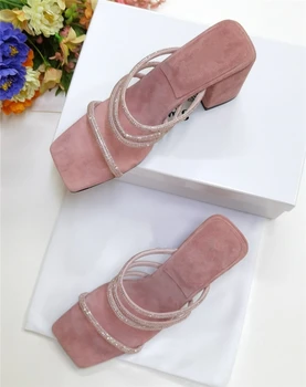 Nové Letné 2021 Crystal Sandále Ženy Námestie Vysoké Podpätky Sexy Úzke Pásmo Slip-on Dráhy Tkaných Semiš Drahokamu Topánky Žena