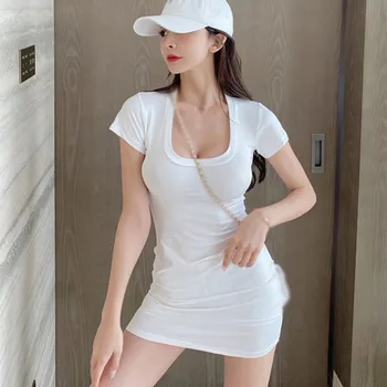 Dámske jednofarebné Bodycon Šaty, Sexy Low-cut U-tvarované Krku Obliekať Módne Slim Bežné Krátke Sleeve T-shirt Dress Oblečenie