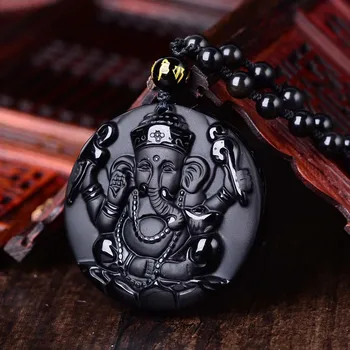 Prírodné Čierna Obsidián Vyrezávané Ganesh Slon Šťastie, Prívesky Zadarmo Náhrdelník Jemné Kamenné Crystal Fashion žena muž Amulet Šperky