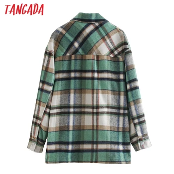 Tangada Ženy Zelený Kockovaný Vzor, Hrubé Kabáty Bundy Voľné Dlhé rukávy, vrecká 2020 Dámske Elegantné Jeseň Zimný kabát 3H107