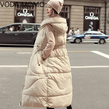 Kórejský Módne Čierna Vesta pre Ženy Zime bez Rukávov Kabáty a Bundy s Kapucňou Vatovaný Kabát Žien Dlhá Vesta Ženy plus veľkosť XXL