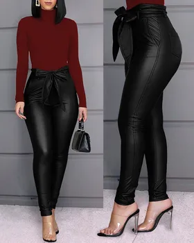 Ženy Úsek Faux Kožené Vysoký Pás nohavice plášť Legíny Lacné Ženy Oblečenie S-XL