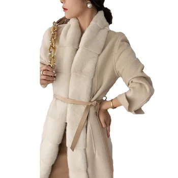 Ženy to reálne noriek kožušinový kabát zimný dlhá bunda žena kabáty s Oknami elegantne Merino Ovčej Kožušiny 2021casual slim solídny štandard