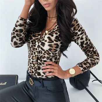 Ženy Dlhý Rukáv Leopard Pokožky Prinetd Kombinézu Jeseň Bežné Jumpsuit Kombinézu Slim V Krku Trikot Módne Topy Slim Kombinézu