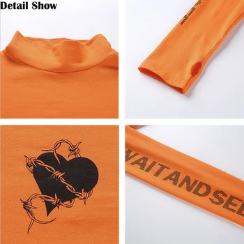 Rapwriter Bežné Tlačené Písmeno Bavlna Plodín Topy Orange T-Shirt Ženy 2020 Jar Turtleneck Dlhý Rukáv Úsek Topy feminina