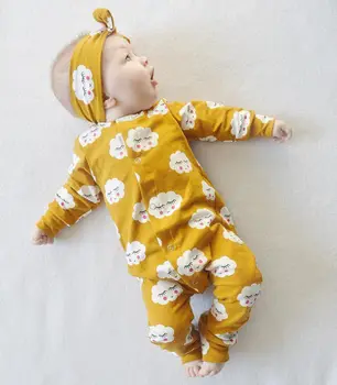 Novorodenca, Baby, Deti, Dievčatá Oblečenie Baby Girl Romper Jumpsuit Cloud Print Romper+Hlavový Most Oblečenie Sady