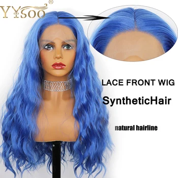 YYsoo Dlhé Modré Syntetických Čipky Dopredu Kučeravé Parochňu 13x4 Glueless Kanekalon Vlákniny Pol Ručne Viazané Modré Vlasy s Baby Vlasy pre Ženy