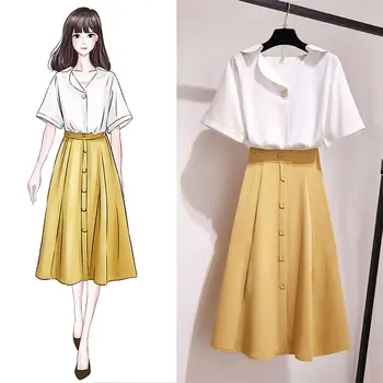 ICHOIX kórejský štýl oblečenie žien, 2 dielna sada elegantné sukne nastaviť biele tričko + midi dlhé sukne Office dámy 2 dielna sada oblečenie