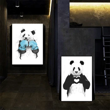 Nordic Plagát a Vytlačí Roztomilá Panda Minimalistický Čierna Biela Modrá Cartoon Zvierat Plátno na Maľovanie na Stenu Umenie Fotografie pre Home Decor
