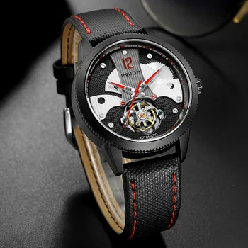 Duté tourbillon automatické mechanické pánske hodinky reálne koženým remienkom vodotesné zliatiny prípade 3D dial Presné mužov hodiny wilon2086