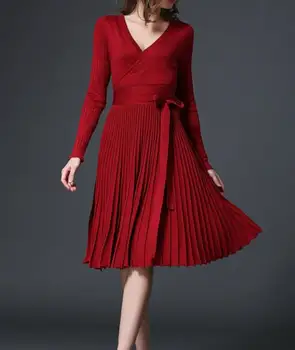 Dámske Pletené Skladaný tvaru Midi Šaty Vysoký Pás Bowtie Čipky Vintage Ženy Šaty 2021 Letné Módy Ženské Oblečenie