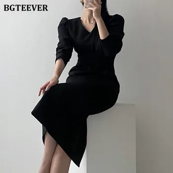 BGTEEVER Elegantné Lístkového Rukáv Ženy Šaty 2021 Jar Pracovné oblečenie tvaru Štíhly Pás Split Midi Vestidos Žena Pevné Bodycon Šaty