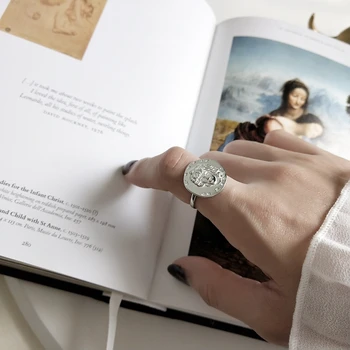 LouLeur nové 925 sterling silver Emboss obrázok prstene strieborné koleso dizajn nepravidelný avatar mince, prstene pre ženy vintage šperky