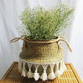 Prírodné Seagrass Tkané Úložný Kôš Hrniec Záhrady, Kvetinové Vázy Závesný Prútený Kôš Bellied Koša Domácností Skladovanie 3 Veľkosť